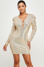 Gold Long Sleeve Sequin Dress With Ring Detail