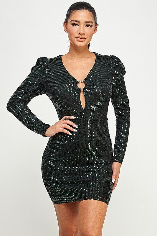 Dark Green Long Sleeve Sequin Dress With Ring Detail