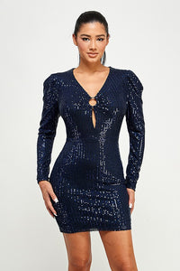 Navy Blue Long Sleeve Sequin Dress With Ring Detail