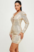 Gold Long Sleeve Sequin Dress With Ring Detail
