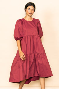 Red Poplin Tiered Midi Dress