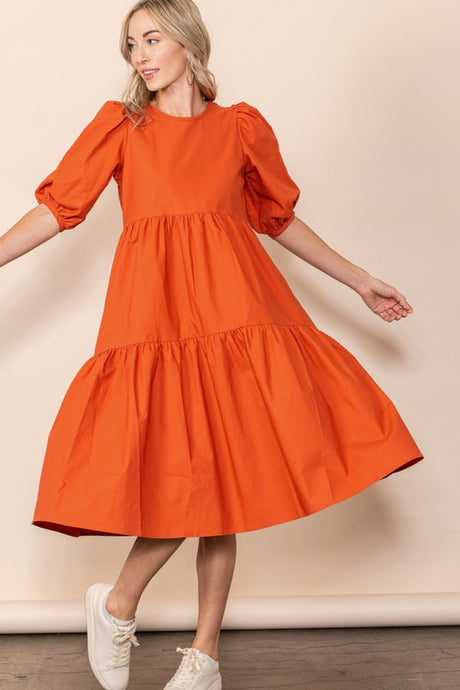 Orange Poplin Tiered Midi Dress