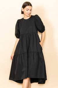 Black Poplin Tiered Midi Dress
