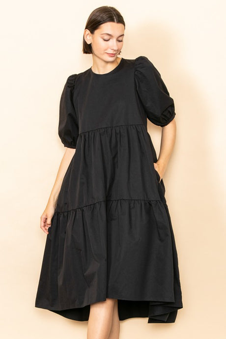 Black Poplin Tiered Midi Dress