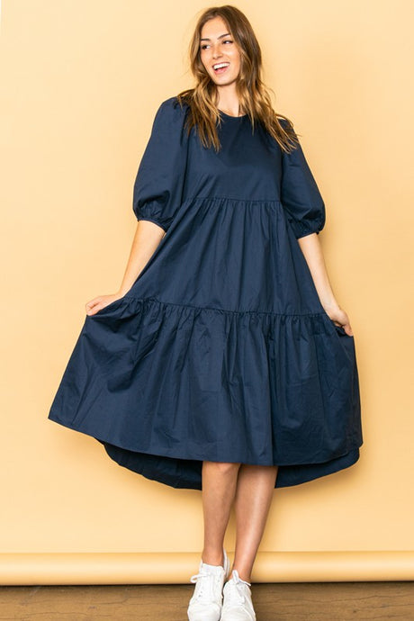 Navy Blue Poplin Tiered Midi Dress