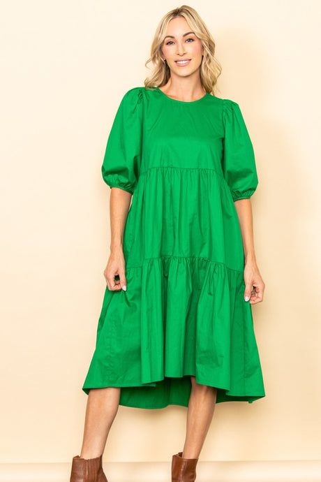 Green Poplin Tiered Midi Dress