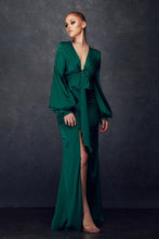 Emerald Green Long Sleeve Satin Dress With Front Tie