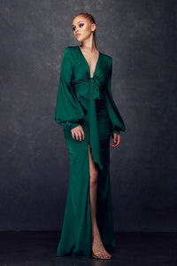 Emerald Green Long Sleeve Satin Dress With Front Tie