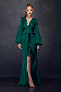 Emerald Green Long Sleeve Satin Dress With Front Tie