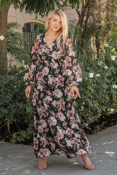Black Floral Print Chiffon Maxi Dress