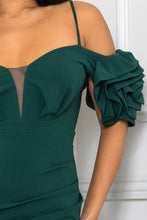 Hunter Green Ruffle Round Flower Shoudler Maxi Dress