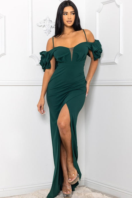 Hunter Green Ruffle Round Flower Shoudler Maxi Dress