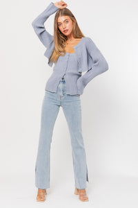 Dusty Blue Button Front Sweater Tube Top Cardigan