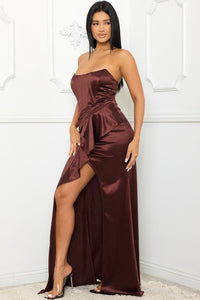 Maroon Satin Bustier Top Maxi Dress