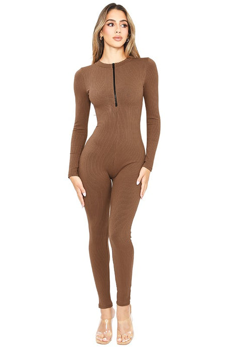 Carob Brown Snatched Long Sleeve Jumpsuits With Zipper Detai