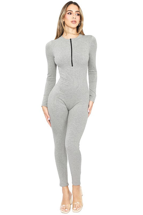 Light Grey Snatched Long Sleeve Jumpsuits With Zipper Detai