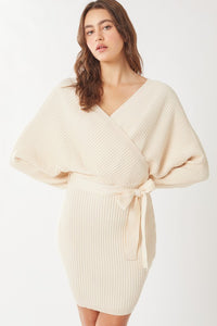 White Off Shoulder Wrap Belted Ribbed Knit Dress