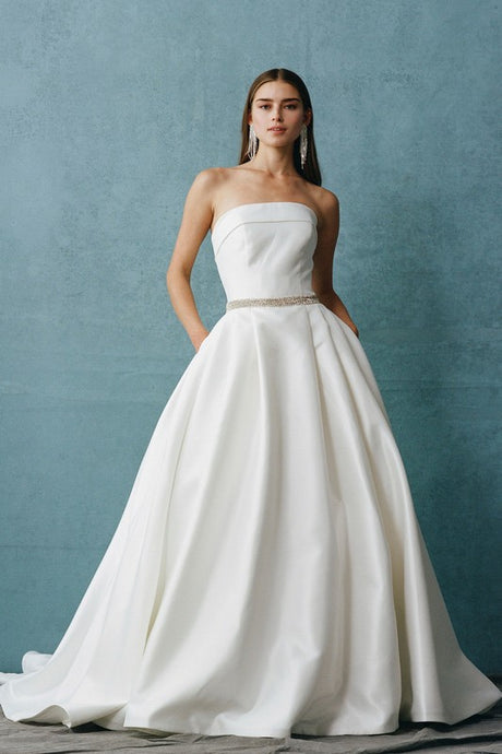 Off White Strapless, Straight Neck, Ballgown
