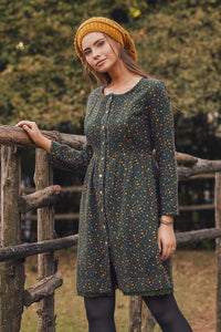 Green Patterned Nervure Front Laced Hem Long Sleeve Green Dress