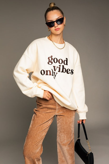 Cream Letter Embroidery Oversized Sweat Shirt