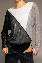 Black-White-Grey Dolman Sleeve Color Block Sequinse Bodysuit