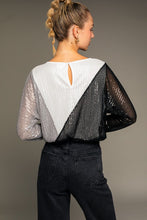 Black-White-Grey Dolman Sleeve Color Block Sequinse Bodysuit