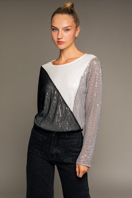 Black-White-Grey Dolman Sleeve Color Block Sequinse Bodysuit