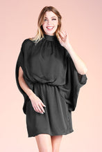 Black Hammered Satin Mock Neck Caftan Mini Dress