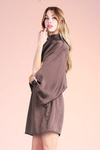 Brown Hammered Satin Mock Neck Caftan Mini Dress