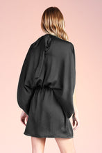 Black Hammered Satin Mock Neck Caftan Mini Dress