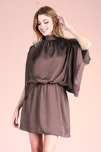 Brown Hammered Satin Mock Neck Caftan Mini Dress