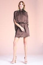 Brown Hammered Satin Mock Neck Caftan Mini Dress