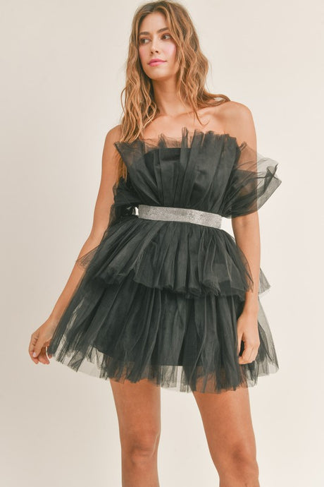 Black Tulle Mesh Mini Dress With Rhinestone Belt