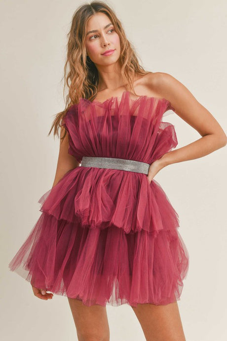 Mulberry Tulle Mesh Mini Dress With Rhinestone Belt