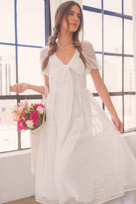 White Front Wrap Gauze Semi Sheer Midi Dress