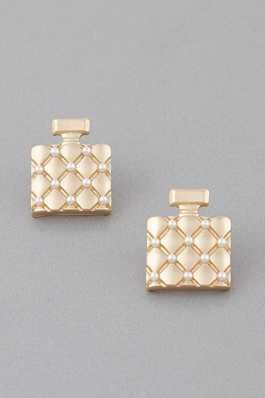 Gold Cream Quilted Perfume Stud Earrings