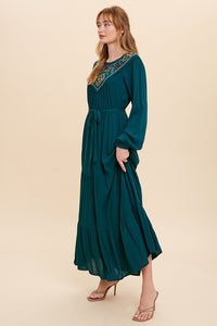 Emerald Green Embroidered Yoke Maxi Dress