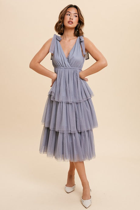 Slate Tiered Tie Strap Tulle Midi Dress
