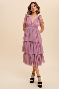 Sugar Plum Tiered Tie Strap Tulle Midi Dress