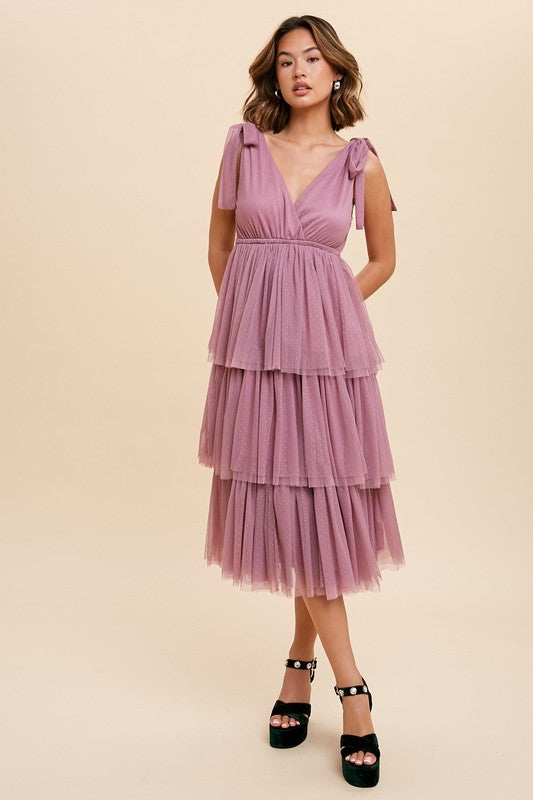 Sugar Plum Tiered Tie Strap Tulle Midi Dress Aquarius Brand Sugar Plum Tiered Tie Strap Tulle Midi Dress Aquarius Brand