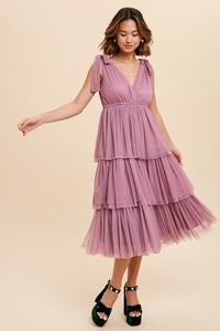 Sugar Plum Tiered Tie Strap Tulle Midi Dress