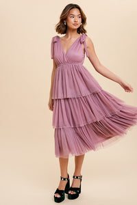 Sugar Plum Tiered Tie Strap Tulle Midi Dress