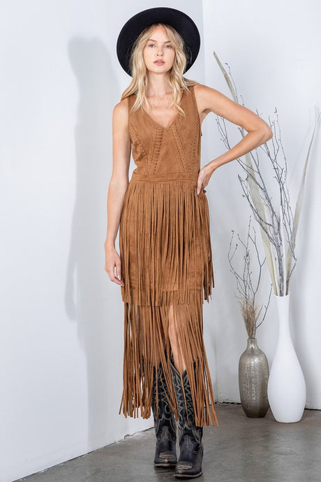 Camel Premium Western Vintage Fringe Suede Dress