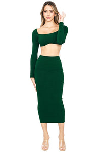 Hunter Green Snatched Square Neck Cropped Bra Top With Midi Dress Set