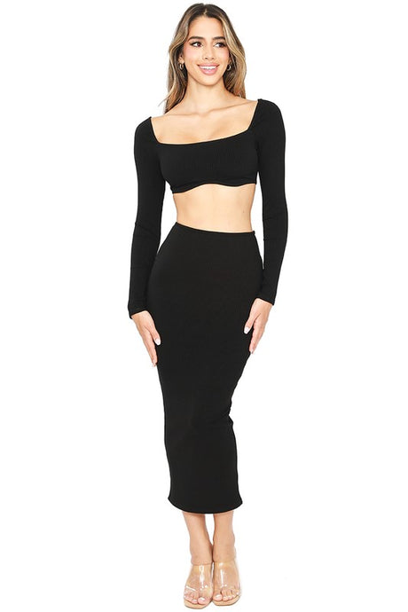 Black Snatched Square Neck Cropped Bra Top With Midi Dress Set