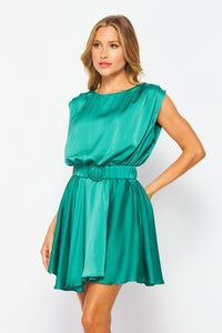 Emerald Solid Satin  Mini Dress