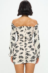 Cream Long Sleeve Off Shoulder Mini Dress