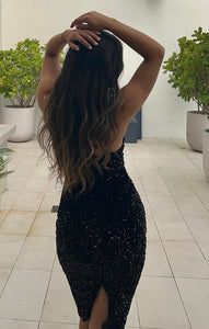 Black Off-the-shoulder Velvet Sequin Short Dress