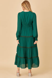 Hunter Green V-neck Maxi Dress With Floral Embroidery Detail