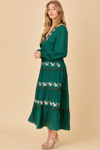 Hunter Green V-neck Maxi Dress With Floral Embroidery Detail